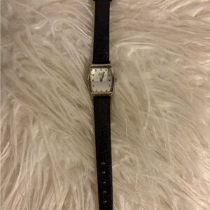 Black Leather Strap Silver Watch